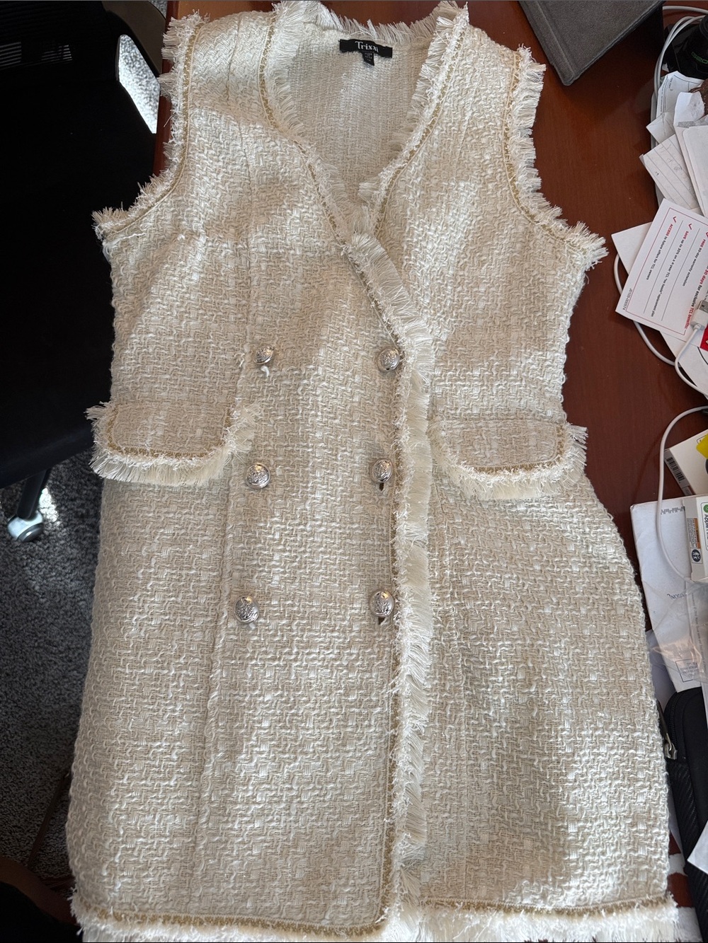 Trixxi Ivory Tweed Sleeveless Double-Breasted Coat Dress